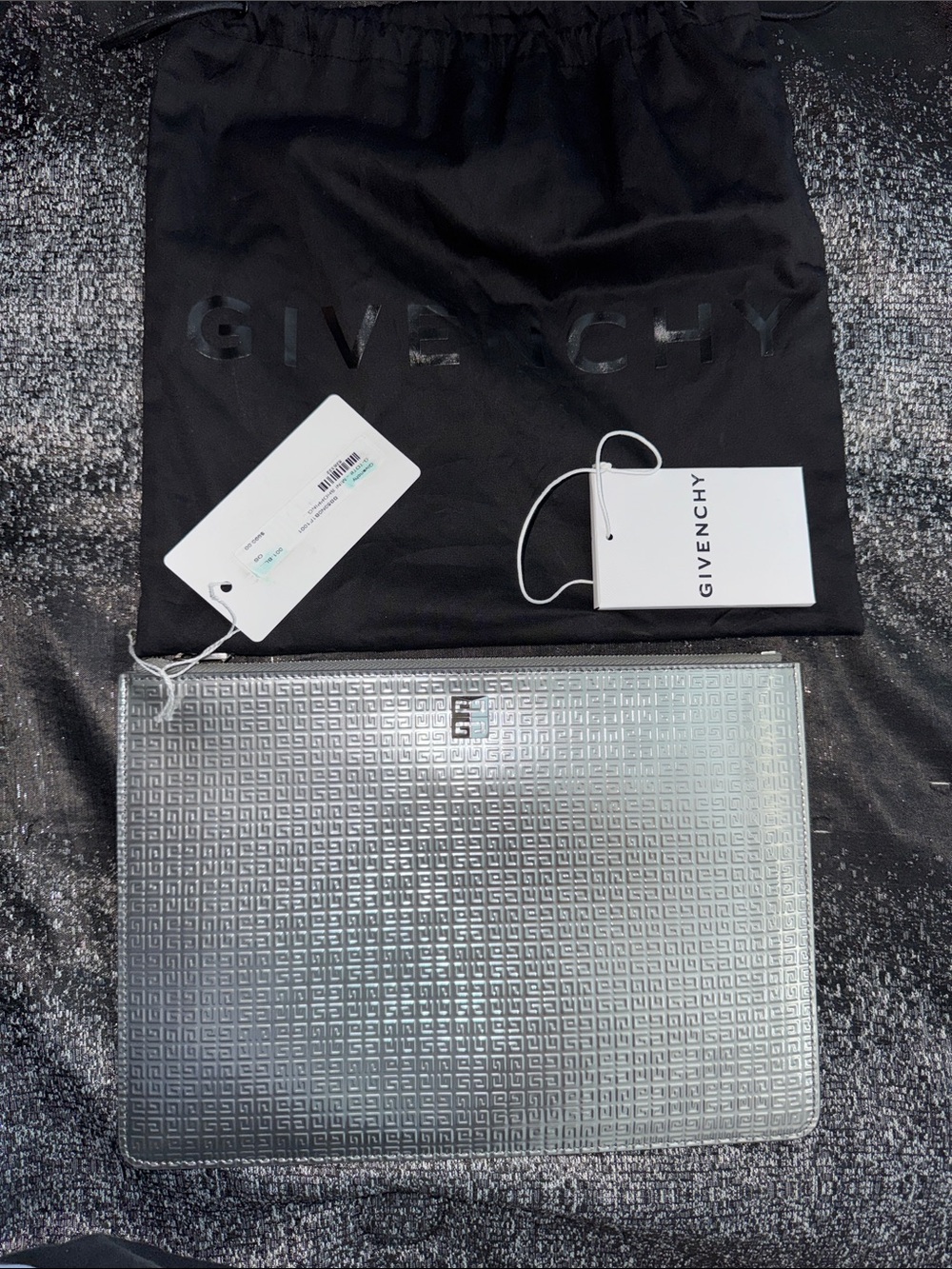 Givenchy Silver Metallic Embossed Logo Clutch